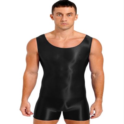 Alvivi Mens Glossy Sleeveless U Neck Tank Leotard Mankini Bodysuit for Bodybuilding Swimming Black X-Large
