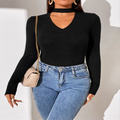 Women's T-Shirt Choker Neck Solid Tee Women's T-Shirt (Color : Black, Size : Medium)
