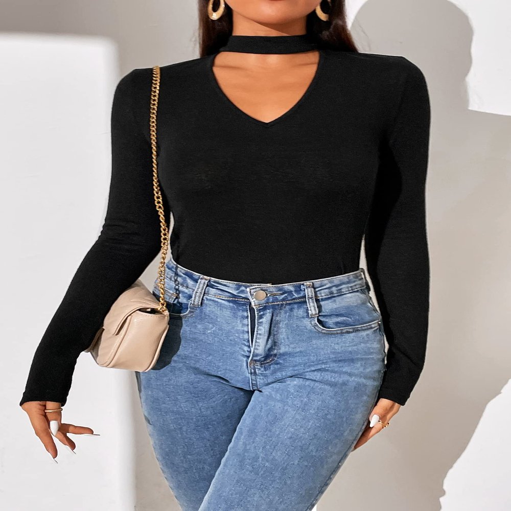 Women's T-Shirt Choker Neck Solid Tee Women's T-Shirt (Color : Black, Size : Medium)