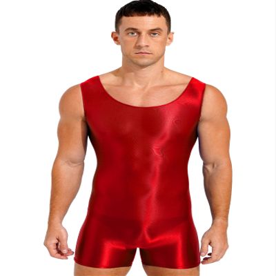 Alvivi Mens Glossy Sleeveless U Neck Tank Leotard Mankini Bodysuit for Bodybuilding Swimming Burgundy X-Large
