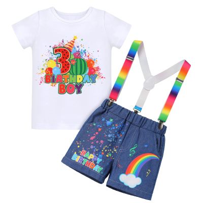 3 Year Old Boy Birthday Gift Toddler Kids 3rd Birthday Shirt+Rainbow Suspenders+Denim Shorts 3PCS Outfit Watermelon Party Supplies Summer Clothes Photoshoot Cake Smash Rainbow Melon-3rd 3pcs 3T