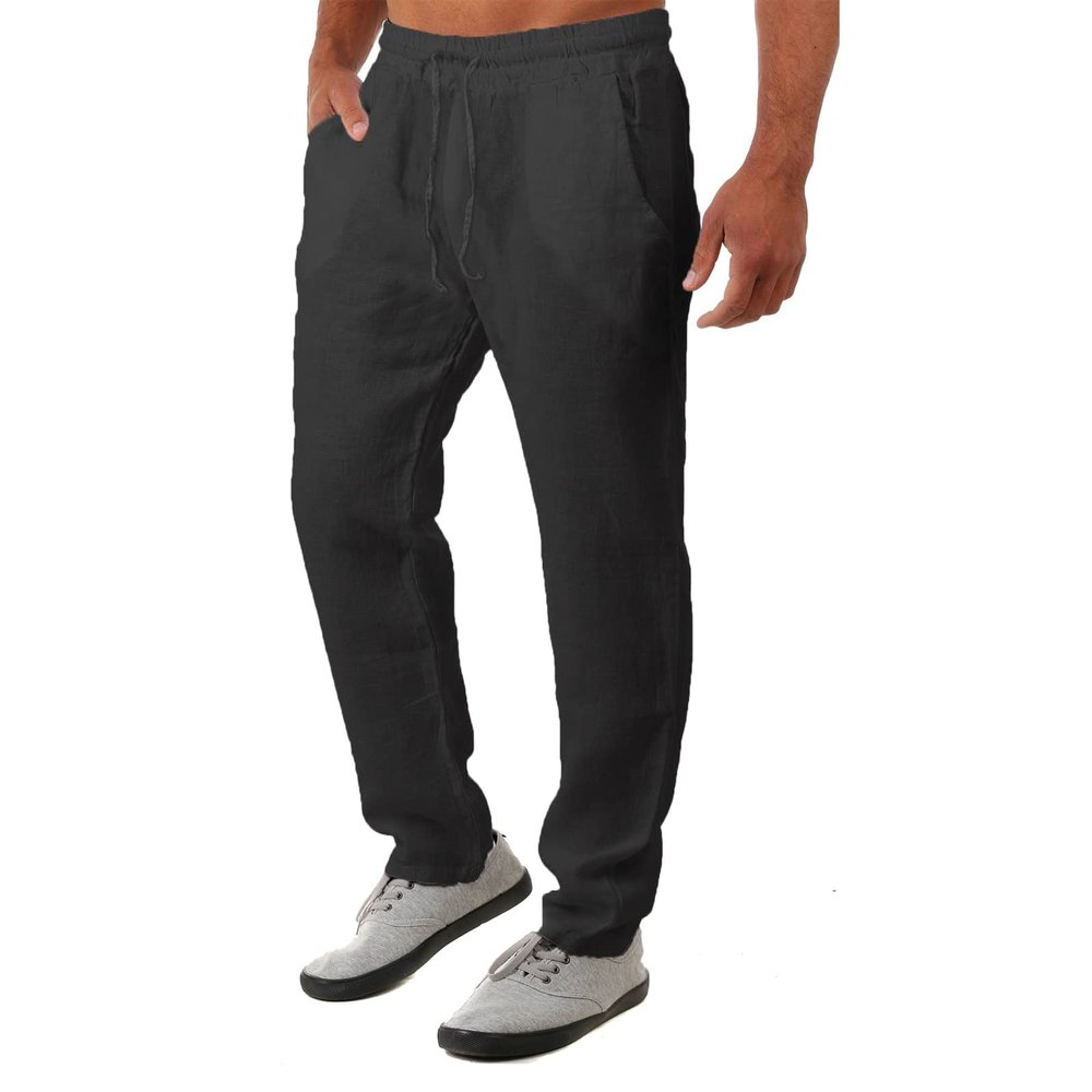 Linen Cotton Yoga Pants for Men Big and Tall Casual Jogger Yoga Pants Loose Fit Baggy Pants Black