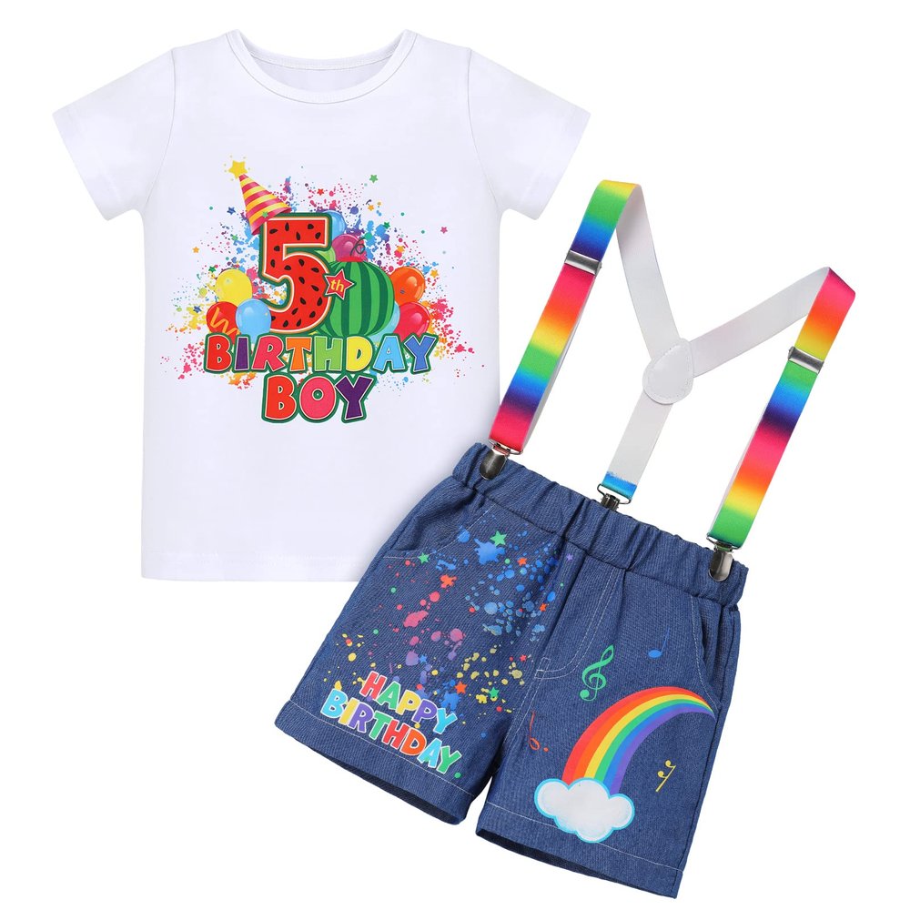 5 Year Old Boy Birthday Gift Kids Short Sleeve 5th Birthday Shirt+Rainbow Suspenders+Denim Shorts Watermelon Party Supplies Summer Clothes Photography Cake Smash Outfit Rainbow Melon-5th 3pcs 5T