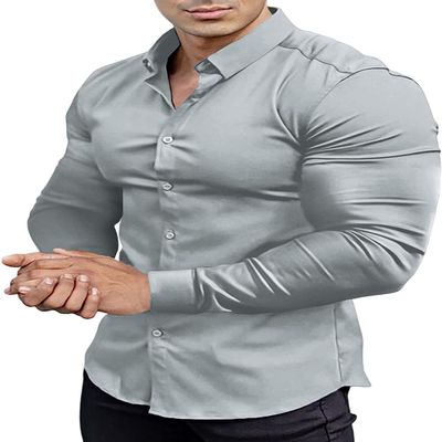 EOUOSS Mens Muscle Fit Dress Shirts Athletic Slim Fit Long Sleeve Stretch Wrinkle-Free Casual Button Down Shirt Iron Grey 2X-Large