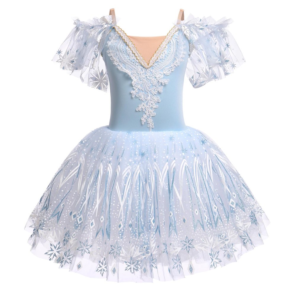 Girl Ballet Long Tutu Dress Cold Shoulder Spaghetti Straps Ice Skating Princess Puffy Skirt Camisole Gymnastics Leotard Kids Ballerina Swan Lake Performance Light Blue 5-6 Years