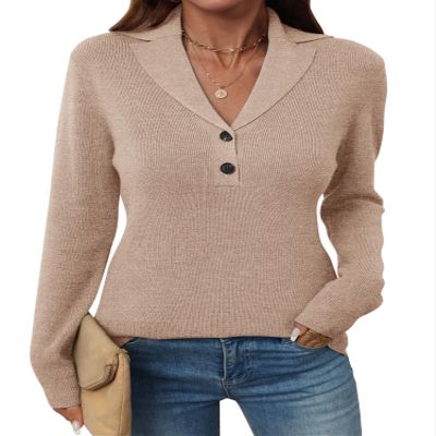 LOMON Sweaters for Women Sexy V-Neck Collared Tops Fall Long Sleeve Knit Slim-Fit Winter Trendy Business Buttons Pullover Jumper (Khaki,X-Large)