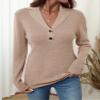 LOMON Sweaters for Women Sexy V-Neck Collared Tops Fall Long Sleeve Knit Slim-Fit Winter Trendy Business Buttons Pullover Jumper (Khaki,X-Large) view 3
