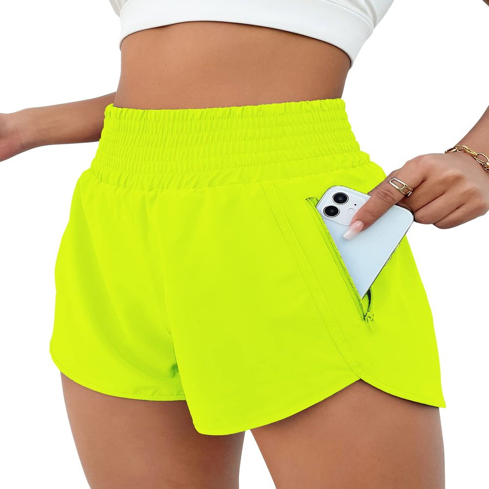 BMJL Women's Athletic Shorts High Waisted Running Short Pocket 2.5" Sporty Shorts Gym Elastic Workout Shorts(XXL,Neongreen)
