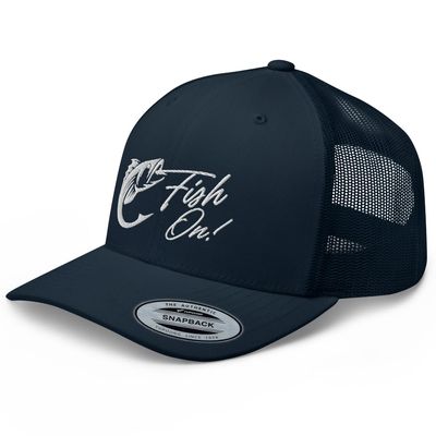 RIVEMUG Fish On Trucker Hat Mid Crown Curved Bill Fishing Hat Adjustable Cap Navy