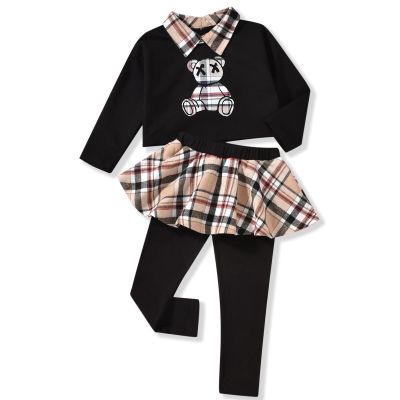 HINTINA 6T Toddler Little Girl Fall Outfits Collared Bear Long Sleeve Pullover Sweatshirt Sweatsuit Plaid Leggings Pants Preppy Aesthetic Clothes Winter Clothing Set 6-7T Years