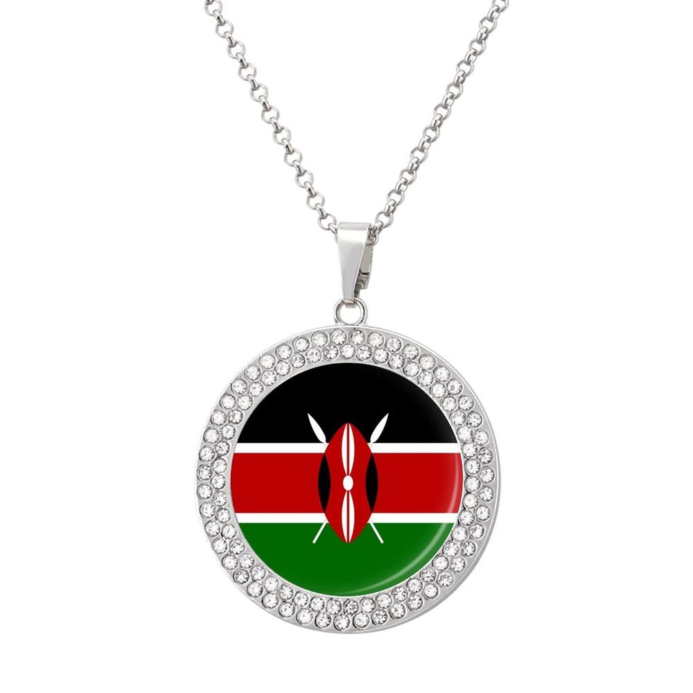 Kenyan Flag Diamond Necklace for Women Alloy Pendants Necklace Dainty Jewelry Gift Silver-Style