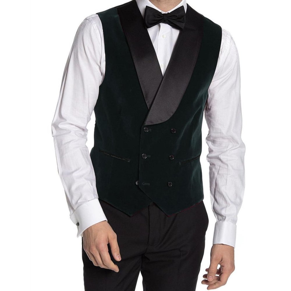 Men's Waistcoat Velvet Double-Breasted with 2 Real Pockets Slim Fit Wedding Groom's Dress Spring and Fall Vest for Father Husband Gift (Color : Dark Green, Size : X-Small)