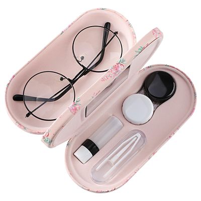 MoKo Double Eyeglass Case, 2 in 1 Double Sided Portable Glasses Case Contact Lens Case with Mirror Eye Glasses Carrying Bag Anti-Scratch Sunglasses Pouch Protective Eyewear for Men&Women, Pink Flowers