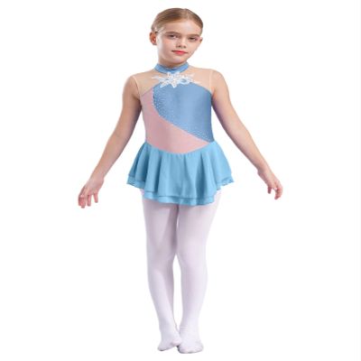 FEESHOW Kids Girls Sleeveless Shiny Rhinestone Sequins Floral Printed Figure Ice Skating Dance Dress for Competition Grey Blue 14 Years
