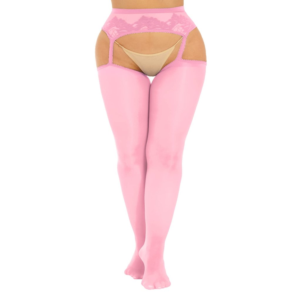 YiZYiF Women's Glossy Oil Footed Thigh High Sheer Hold Up Suspender Pantyhose Stockings Leggings Pink One Size