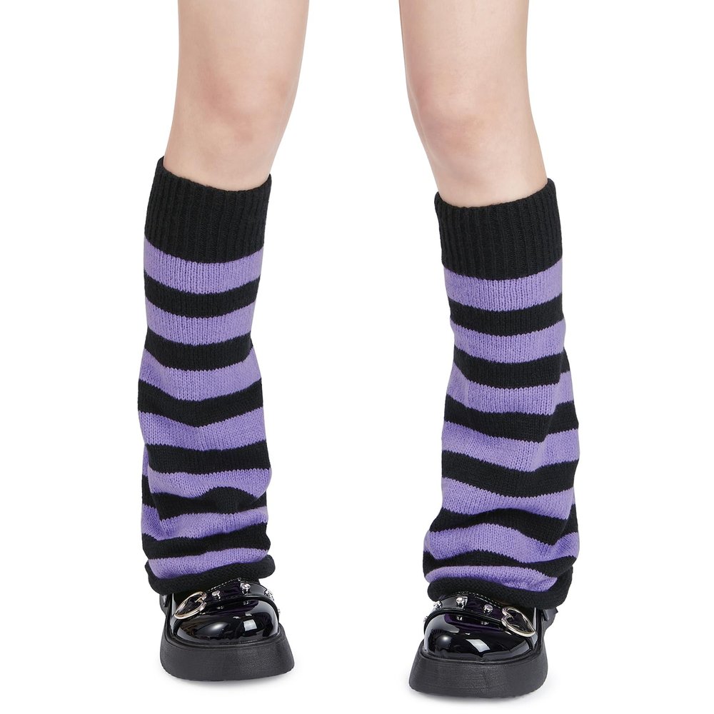 American Trends Leg Warmers Y2k Kawaii Long Cute Knit Leg Warmers Y2k Goth accessories for Women Girls 80s Party Sports Black&Purple