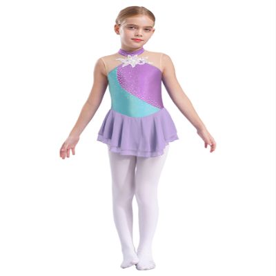 FEESHOW Kids Girls Sleeveless Shiny Rhinestone Sequins Floral Printed Figure Ice Skating Dance Dress for Competition Lavender 10 Years