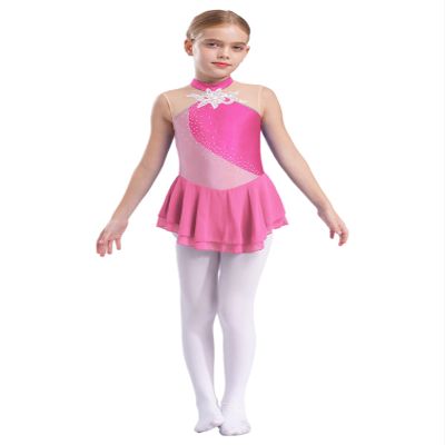 FEESHOW Kids Girls Sleeveless Shiny Rhinestone Sequins Floral Printed Figure Ice Skating Dance Dress for Competition Hot Pink 12 Years