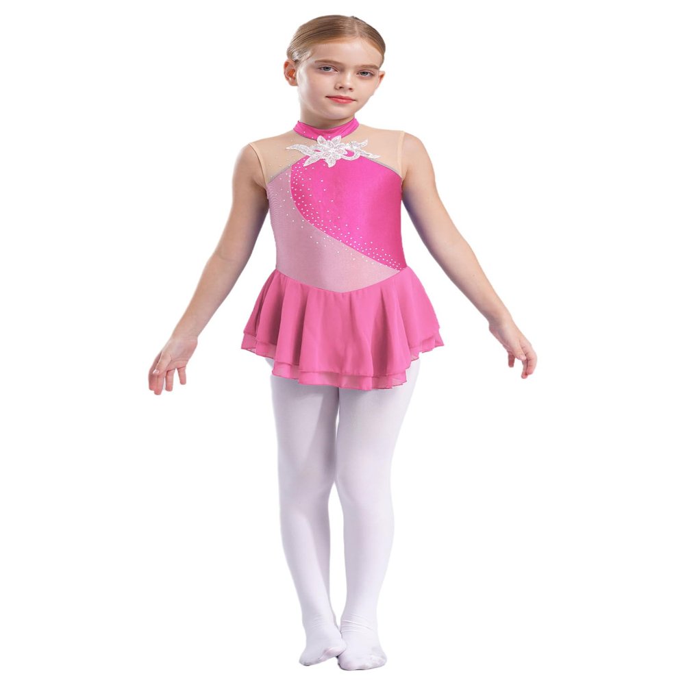 FEESHOW Kids Girls Sleeveless Shiny Rhinestone Sequins Floral Printed Figure Ice Skating Dance Dress for Competition Hot Pink 12 Years
