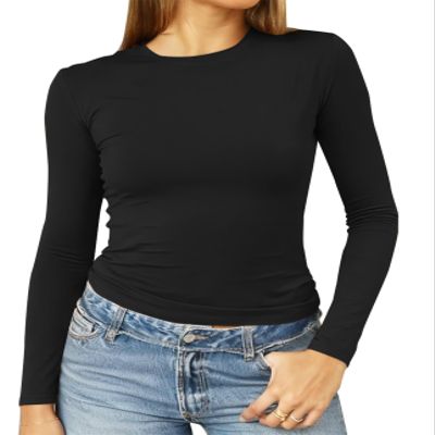 Abardsion Women's Long Sleeve Shirts Spring 2026 Casual Basic Going Out Crop Tops Slim Fit Tight Y2K Clothes(Black, M)