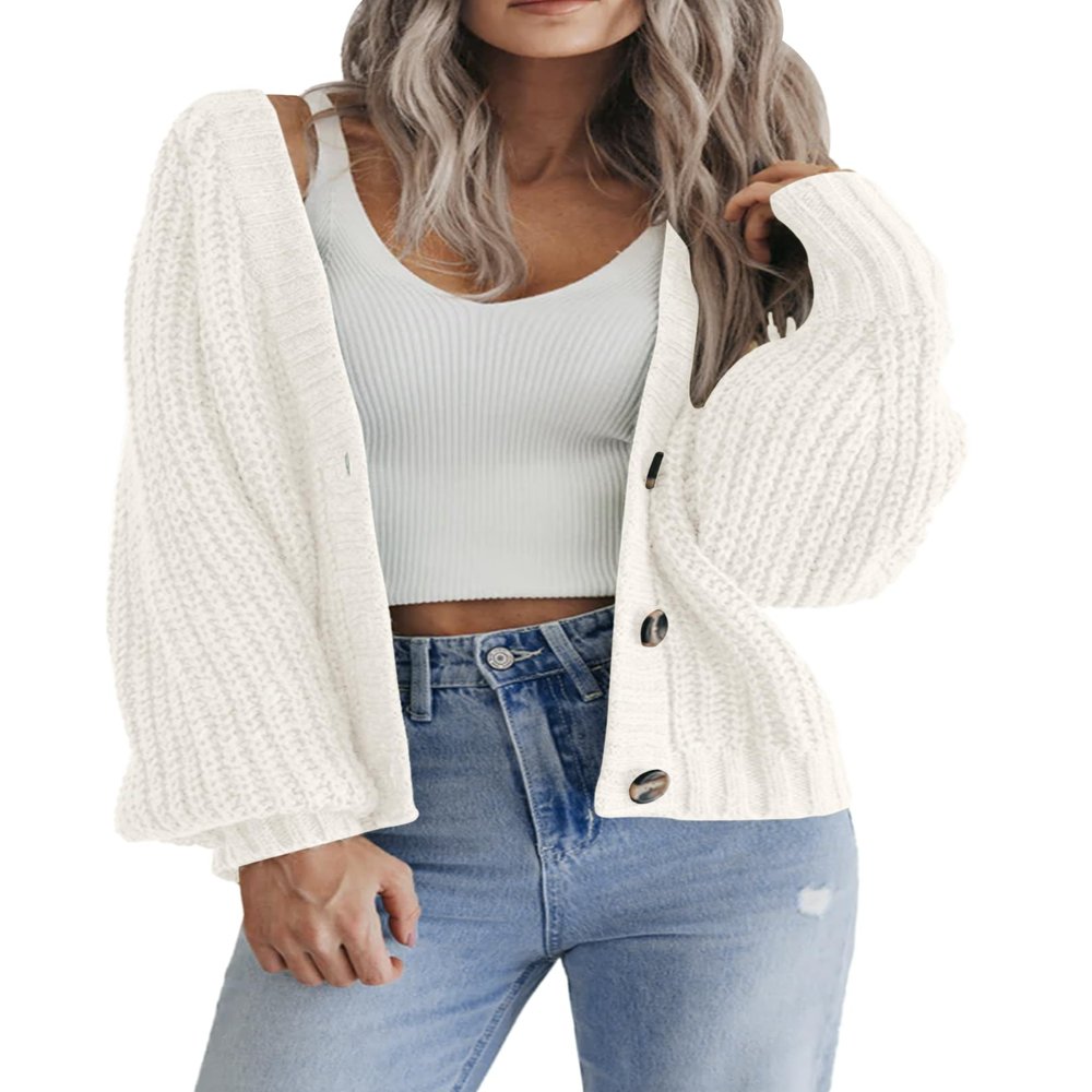 Zeagoo Women's Chunky Knitted Cardigans Long Sleeve Open Front Cropped Cardigans V Neck Button Sweaters White