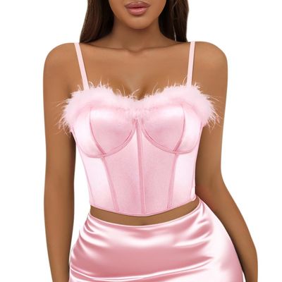 Erinaco Women Satin Silk Spaghetti Strap Bustier Fuzzy Trim V Neck Sleeveless Sexy Feather Crop Tank Tops Cami Pink