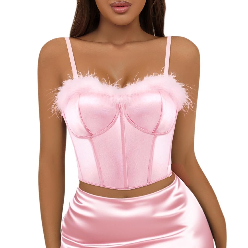 Erinaco Women Satin Silk Spaghetti Strap Bustier Fuzzy Trim V Neck Sleeveless Sexy Feather Crop Tank Tops Cami Pink