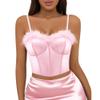 Erinaco Women Satin Silk Spaghetti Strap Bustier Fuzzy Trim V Neck Sleeveless Sexy Feather Crop Tank Tops Cami Pink view 1