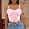 Erinaco Women Satin Silk Spaghetti Strap Bustier Fuzzy Trim V Neck Sleeveless Sexy Feather Crop Tank Tops Cami Pink view 3