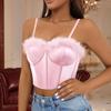 Erinaco Women Satin Silk Spaghetti Strap Bustier Fuzzy Trim V Neck Sleeveless Sexy Feather Crop Tank Tops Cami Pink view 4