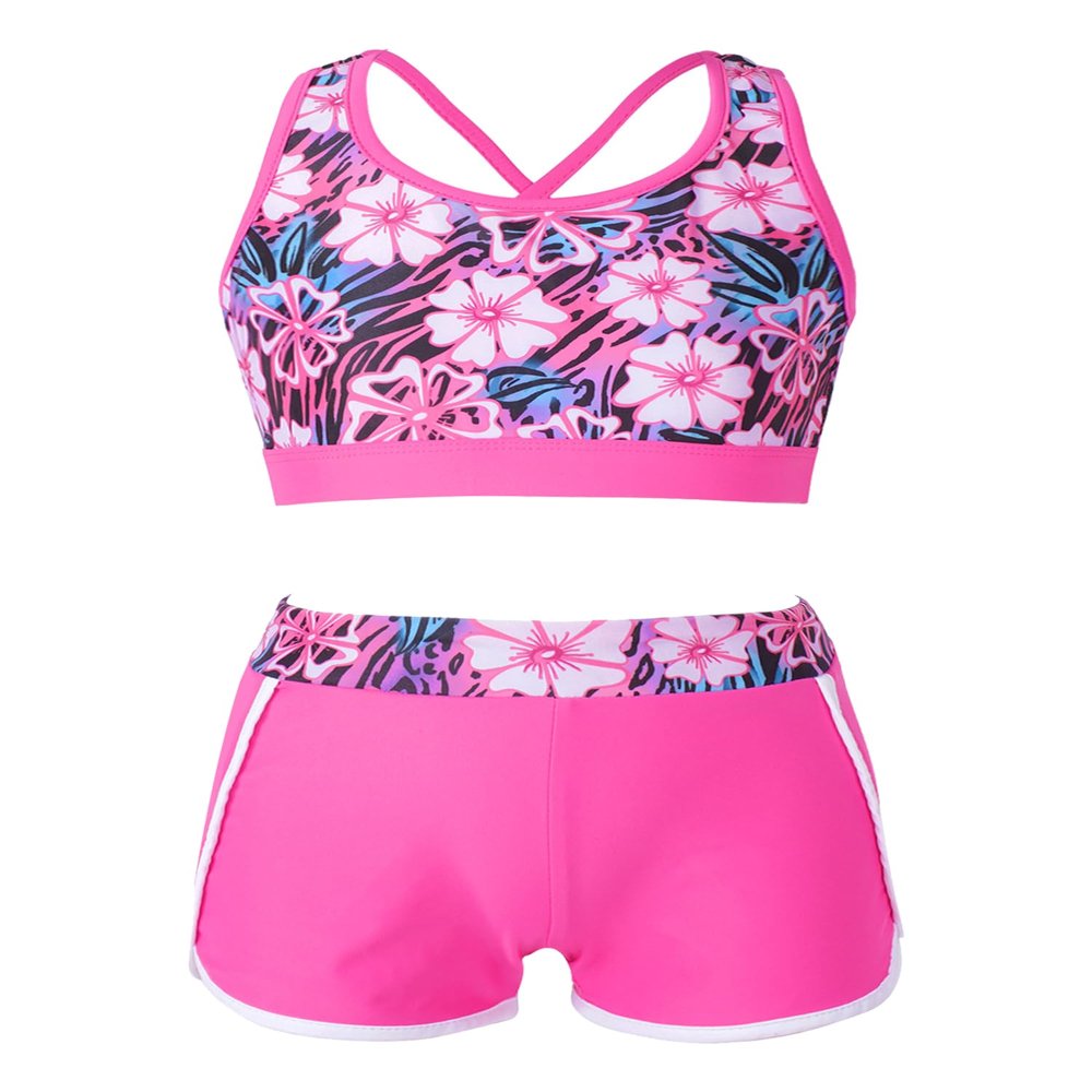 YONGHS Kids Girls 2 Pieces Bathing Suit Beach Swimsuit Sports Swimwear Tankinis Top with Shorts Set Rose Red B 16 Years
