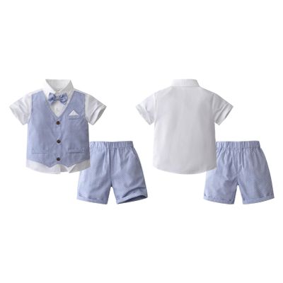 RUNQHUI Little Boys Formal Suit 2 Piece Tuxedo Outfits Short Sleeve White Dress Shirt Fake Vest + Bowtie + Shorts A_Sky Blue 6-7 Years