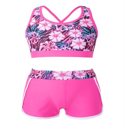 YONGHS Kids Girls 2 Pieces Bathing Suit Beach Swimsuit Sports Swimwear Tankinis Top with Shorts Set Rose Red B 14 Years
