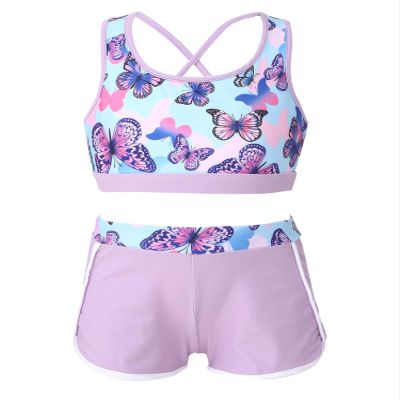 YONGHS Kids Girls 2 Pieces Bathing Suit Beach Swimsuit Sports Swimwear Tankinis Top with Shorts Set Lavender B 16 Years