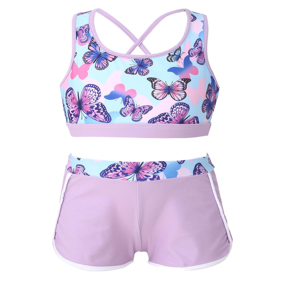 YONGHS Kids Girls 2 Pieces Bathing Suit Beach Swimsuit Sports Swimwear Tankinis Top with Shorts Set Lavender B 16 Years