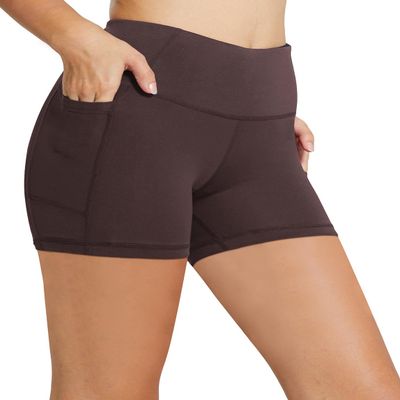 baleaf Biker Shorts Women Yoga Gym Workout Spandex Running Volleyball Tummy Control Compression with Pockets 5" Brown L
