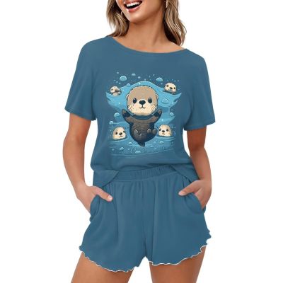 DISNIMO Cartoon Sea Otter Womens Pajama Sets Size XL Soft Comfortable Night Wear Bubble Tea Sleep Shorts for Women Pjs Lightweight Sleepwear Nightwear Two-Piece Pjs Lounge Sets