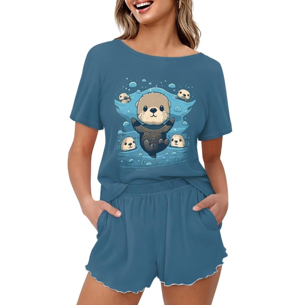 DISNIMO Cartoon Sea Otter Womens Pajama Sets Size XL Soft Comfortable Night Wear Bubble Tea Sleep Shorts for Women Pjs Lightweight Sleepwear Nightwear Two-Piece Pjs Lounge Sets