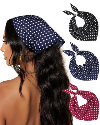 AWAYTR 3Pcs Hair Bandanas Head Kerchief for Women Girls Tie-Back Boho Hair Scarf Headband Bandana Triangle Head Scarf (Polka Dot - Red/Black/Dark Blue)