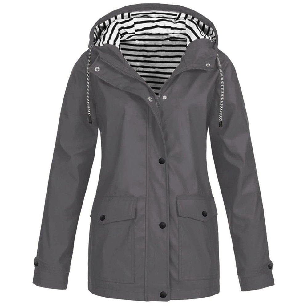 Waterproof Rain Jacket for Women Solid Stripe Hooded Windbreaker Lightweight Windproof Packable Pockets Rain Coat 01-Gray