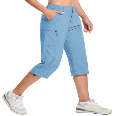 TACVASEN Women's Cargo Capris Hiking Pants Water Resistant Lightweight Travel Golf Summer Long Shorts Zipper Pockets Light Blue M
