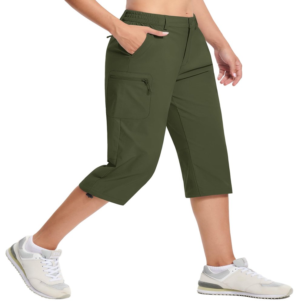 TACVASEN Women's Capri Cargo Hiking Pants Quick Dry Lightweight Waterproof Golf Athletic Summer Long Shorts Zipper Pockets Army Green S