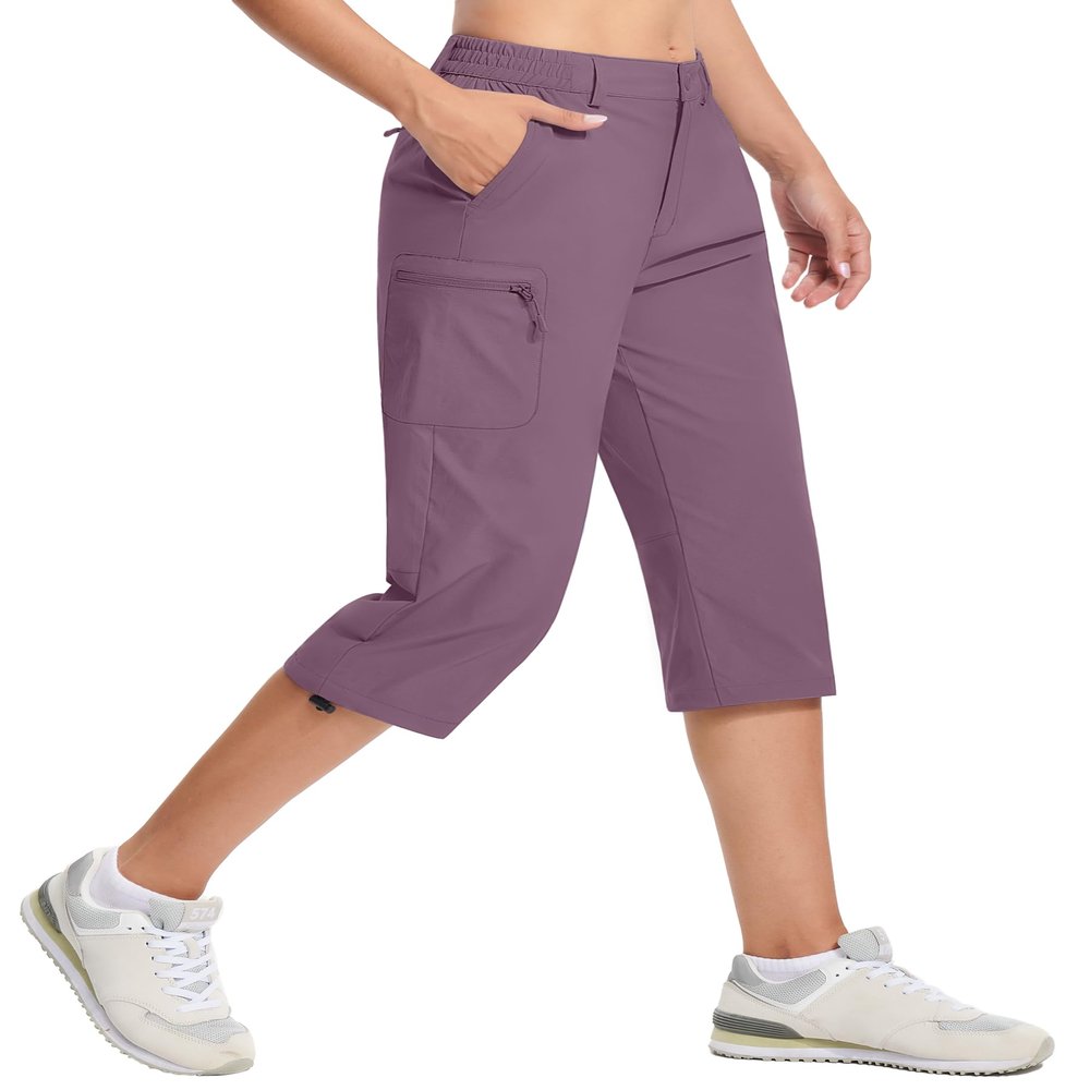 TACVASEN Women's Cargo Capris Hiking Pants Lightweight Waterproof Golf Long Shorts Outdoor Casual Summer 5 Pockets Lotus Root Pink 2XL