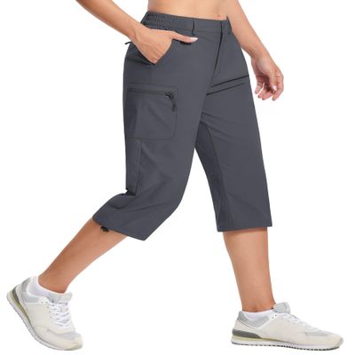 TACVASEN Women's Capri Cargo Hiking Pants Lightweight Quick Dry Travel Summer Long Shorts Casual Outdoor Golf 5 Pockets Dark Grey 2XL