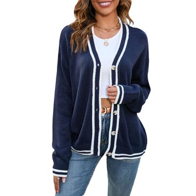 Womens Color Block Sweaters Long Sleeve Button Plaid Print Knitted Open Front Cardigan Outwear Coat Navy Blue