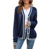 Womens Color Block Sweaters Long Sleeve Button Plaid Print Knitted Open Front Cardigan Outwear Coat Navy Blue view 1