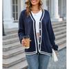 Womens Color Block Sweaters Long Sleeve Button Plaid Print Knitted Open Front Cardigan Outwear Coat Navy Blue view 2