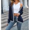 Womens Color Block Sweaters Long Sleeve Button Plaid Print Knitted Open Front Cardigan Outwear Coat Navy Blue view 3