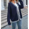 Womens Color Block Sweaters Long Sleeve Button Plaid Print Knitted Open Front Cardigan Outwear Coat Navy Blue view 4