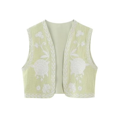 Awoscut Women's Summer Classic Cropped Vest Tops Sleeveless Vintage Floral Print Casual Open Front Jacket Tank Top Blouse (Mint Green, L)
